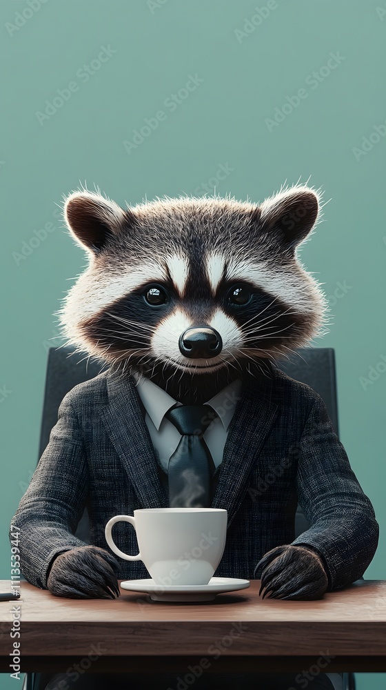 Aufkleber a raccoon in a sharp gray suit, sitting at a desk with a cup of coffee in front of a soft teal backg