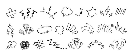 Manga or anime comic emoticon element graphic effects hand drawn doodle vector illustration set isolated on white background. Line style manga doodle line expression scribble anime mark collection.
