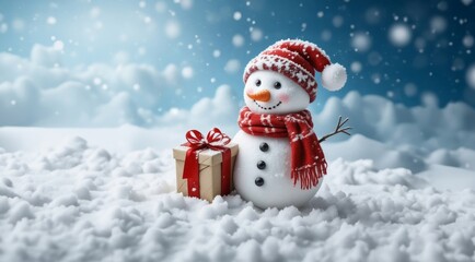 Fototapeta premium Christmas postcard. Merry christmas and happy new year. Snowman on the snowy winter background. Christmas banner. Winter greeting card.