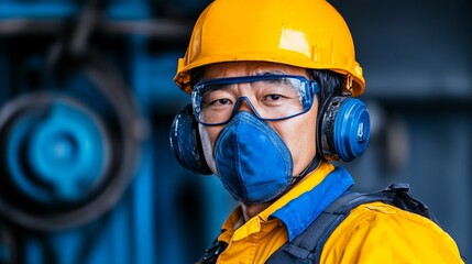 Industrial Worker Safety First: A close-up portrait of a determined industrial worker in a yellow hardhat, safety glasses, and a blue respirator mask.