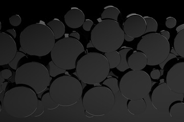 Black friday black abstract background with flying glossy plastic circles as pattern, top view. 3D illustration circle texture in modern rich, elegant, geometric style for sale, advertising, design.