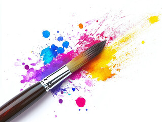 A vibrant paintbrush with splatters of color, isolated on white