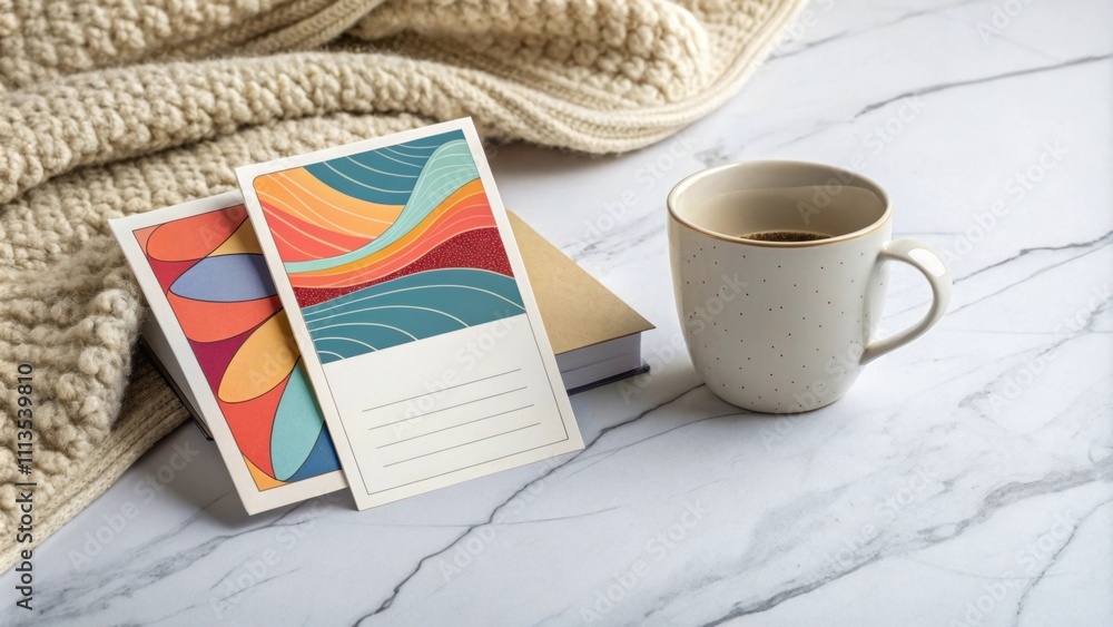Poster two postcards with abstract colorful designs are displayed on a book next to a coffee mug on a marbl