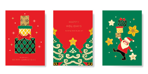 Merry Christmas and Happy New Year greeting card vector set. Luxury invitation with Christmas tree, gift, santa, star, gold line art on red background. Design illustration for season's card, ads.