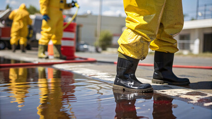 Obraz premium Workers in yellow protective suits and black boots manage pollution cleanup, standing in reflective water. Their efforts highlight importance of environmental safety