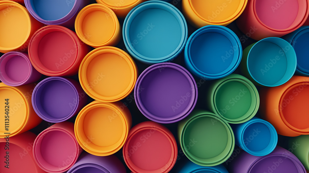 Poster colorful arrangement of circular containers abstract setting photography vibrant environment top vie