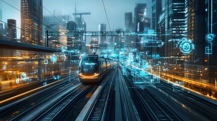 Futuristic train in a digital cityscape with glowing elements.