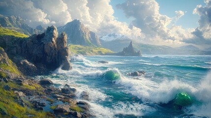 A stunning coastal landscape featuring rocky cliffs, rolling waves, and lush greenery under a bright sky, This image is ideal for travel articles, nature brochures, or as a serene desktop background,