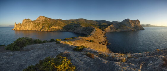 Russia, Novy Svet. Amazing dawn view from Cape Kapchik to the surrounding bay of the Crimean Peninsula.