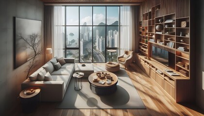 Top view of hotel living room interior with couch and shelf, panoramic window