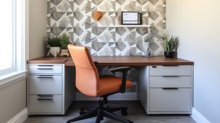 A stylish home office setup with a minimalist corner desk