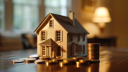 A model house sits next to a stack of coins, symbolizing financial investment in real estate, This image is ideal for articles about property investment, financial planning, or home ownership,