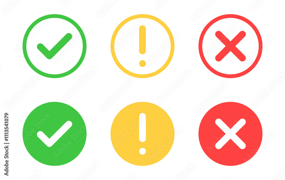 Poster check mark icon button set. check box icon with right and wrong buttons and yes or no checkmark icons in green tick box and red cross. exclamation mark information icon	
