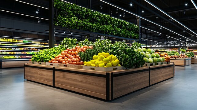 Vibrant fresh produce display urban supermarket photography modern retail environment eye-level view healthy lifestyle concept