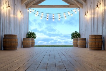 Outdoor event space with ambient lighting and decorative barrels scenic view cozy atmosphere for gatherings