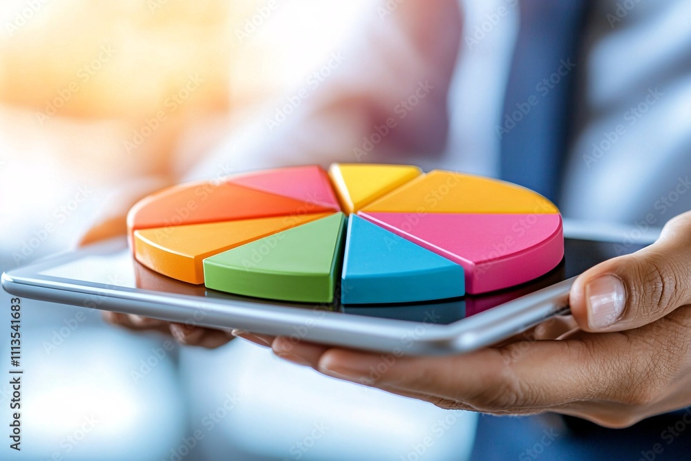 Poster analyzing business data with colorful pie charts on tablet modern office infographic digital workspa