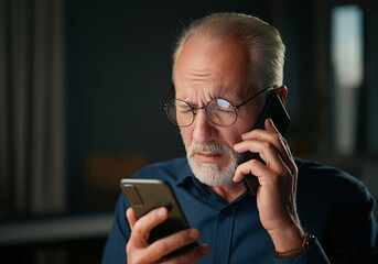 A mature man in his 50s or older experiencing phone and vision problems, dealing with eyesight issues such as myopia or glaucoma in an office setting. Struggling to read blurry emails online while squ