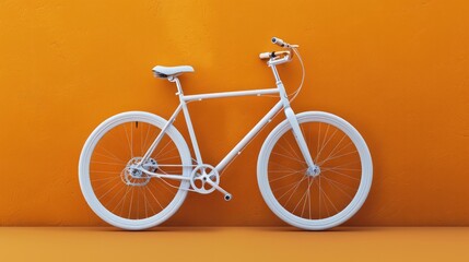Fototapeta premium White bicycle stands out against the orange background with minimalist design.