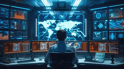 A modern tech startup creates virtual maps for undersea communication systems. Engineers sit at sleek desks surrounded by digital displays and futuristic technology, work optimize global connectivity.
