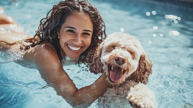 Woman enjoys swimming in the pool with a smiling dog during a sunny day in the summer - Powered by Adobe