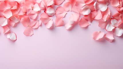 Obraz premium Scattered pink rose petals on a soft pink background create a delicate and romantic atmosphere, Ideal for wedding invitations, beauty products, or floral arrangements,