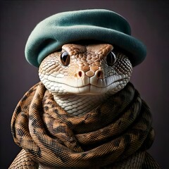 Fototapeta premium Portrait of a snake in winter clothes. digital illustration, manipulation.