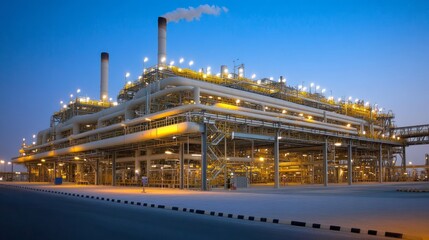 Fototapeta premium Industrial plant at night, illuminated with yellow lights, large pipes, and metal structures.