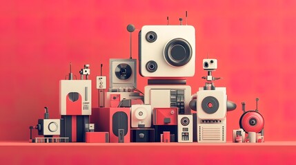 Obraz premium A Row of Retro Robots Standing in a Red Room