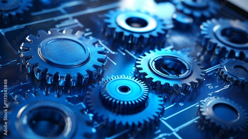 Poster interconnected gears on a circuit board. detailed close-up view of metal gears and circuit board.