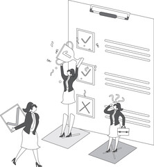 Completion of task lists, checklist list job checking, project progress process, questionnaire or project evaluation, isometric traders complete check marking jobs on check boxes of list lists on clip