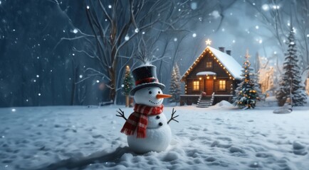 Fototapeta premium Merry christmas and happy new year. Snowman on the snowy winter background.