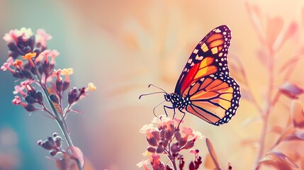 Obraz premium A colorful butterfly resting on a flower on a solid background