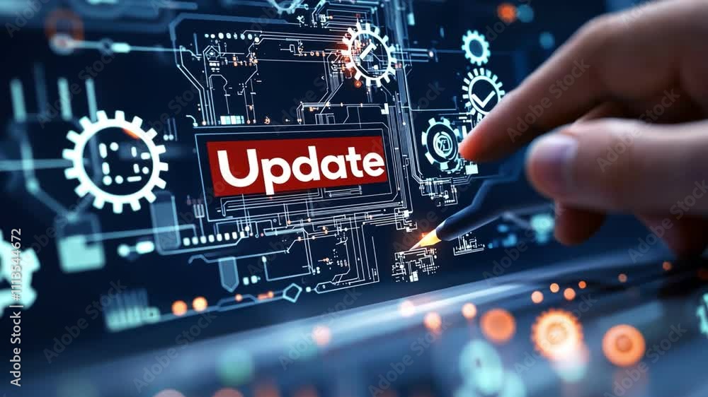 Poster an individual clicking an 'update' button on a digital interface, showcasing modern technology and s