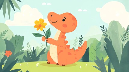 A cartoon dinosaur holding a flower with a smile on its face.