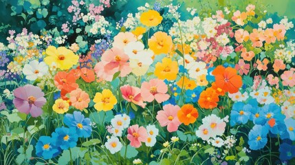 Bright and Colorful Flower Garden with Diverse Blooms in Spring