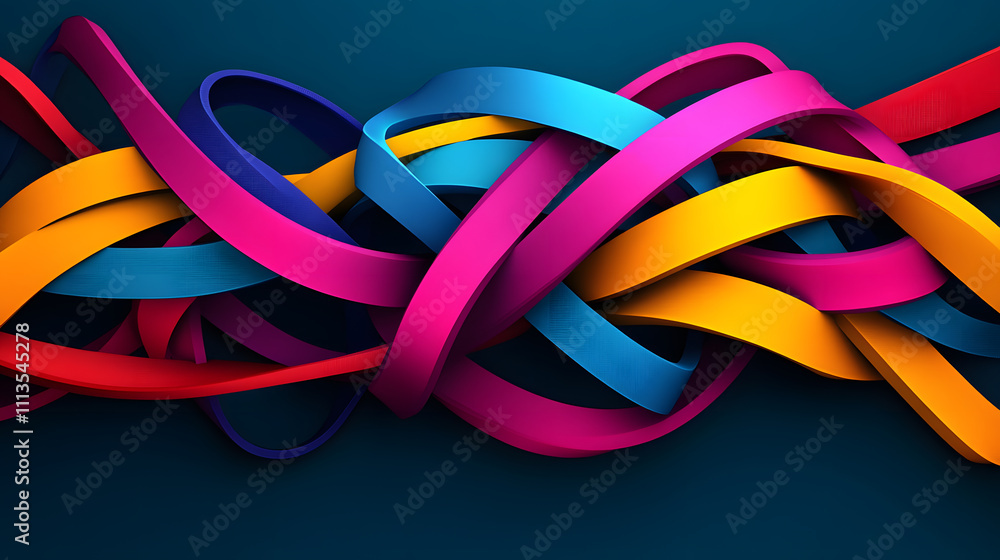 Poster dynamic flow of colorful ribbons abstract design digital art vibrant colors top-down view visual con