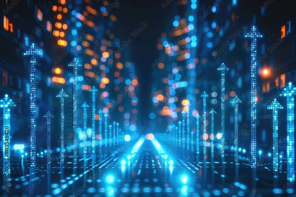 Leinwandbilder Digital background featuring upward-pointing arrows with blue binary code in the foreground, representing growth and progress.