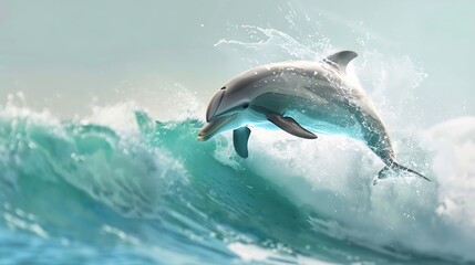 Naklejka premium A cheerful dolphin jumping through waves on a solid background
