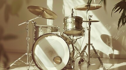 A drum set positioned on a soft white surface