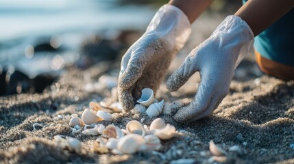 A person is picking up shells on a beach