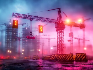 Construction activity at night urban environment photography dramatic lighting and cranes aesthetic viewpoint