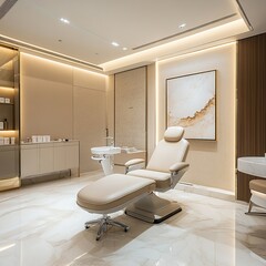 Luxurious spa treatment room with modern chair.