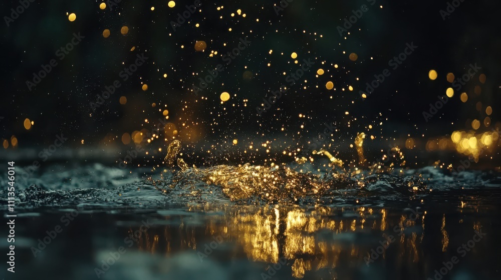 Poster golden bokeh water droplets splashing in a dark background
