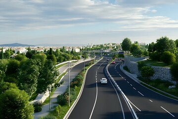 Scenic highway surrounded by greenery and urban landscape.
