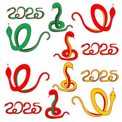 2025 year of the snake set. Lunar New Year illustration, snake in different movements and colors on a white background. Graphic elements, web, digital design, print, greeting cards, stickers,calendars