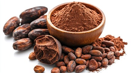 Obraz premium A bowl of cocoa powder surrounded by cocoa beans and shells, showcasing chocolate's origins.