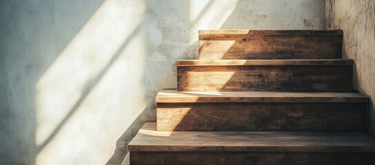 Aged wooden stairs illuminated by natural light, highlighting the rustic and weathered appearance