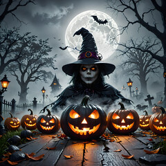 a woman in a witch costume standing in a cemetery with pumpkins

