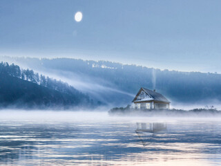 House with beautiful scenery near the river and the forest