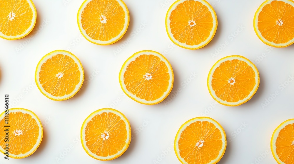 Poster a flat lay of orange slices arranged in a pattern on a white background.